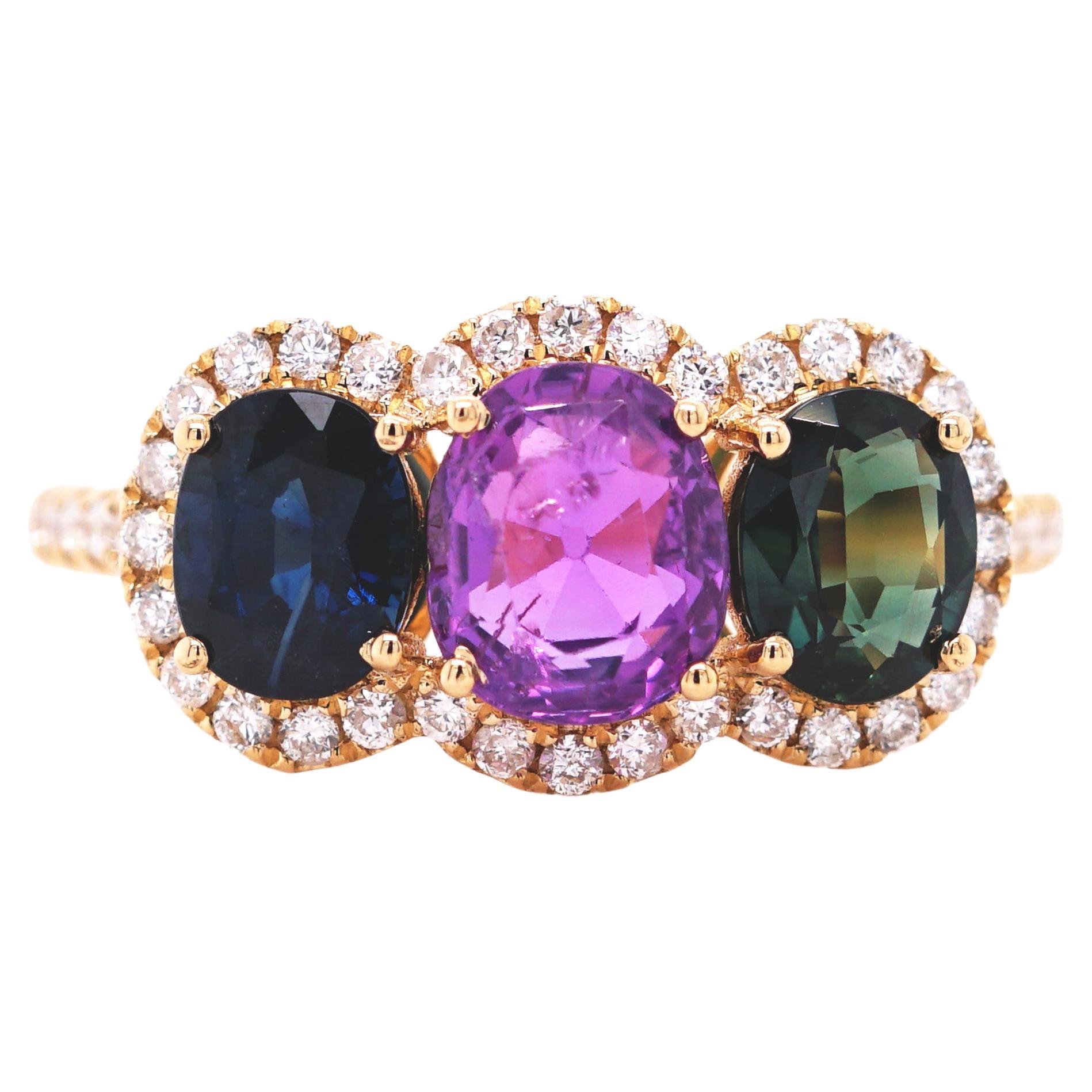 Fei Liu Three Stone Multicolor Sapphire 18 Karat Rose Gold Trilogy Ring