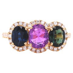 Fei Liu Three Stone Multicolor Sapphire 18 Karat Rose Gold Trilogy Ring