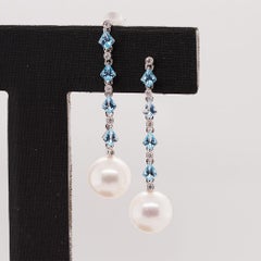 Fei Liu Topaz, Diamond and Pearl 18 Karat White Gold Drop Earrings