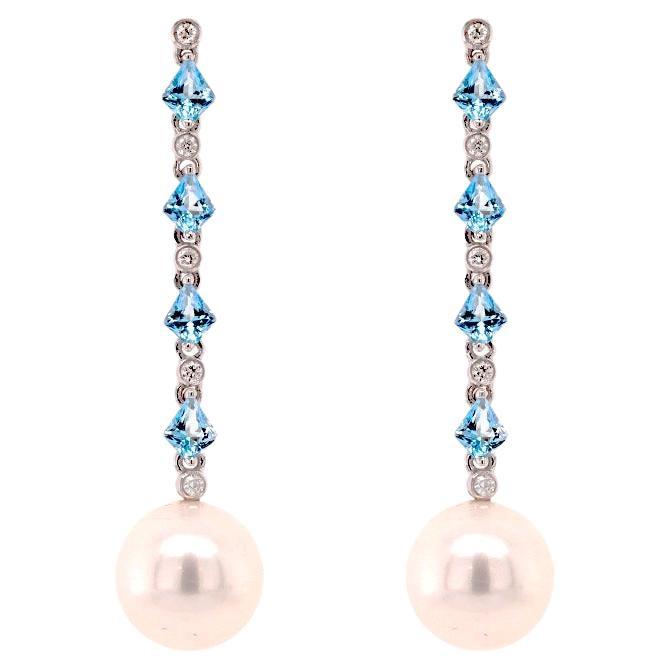 Fei Liu Topaz, Diamond and Pearl 18 Karat White Gold Drop Earrings For Sale