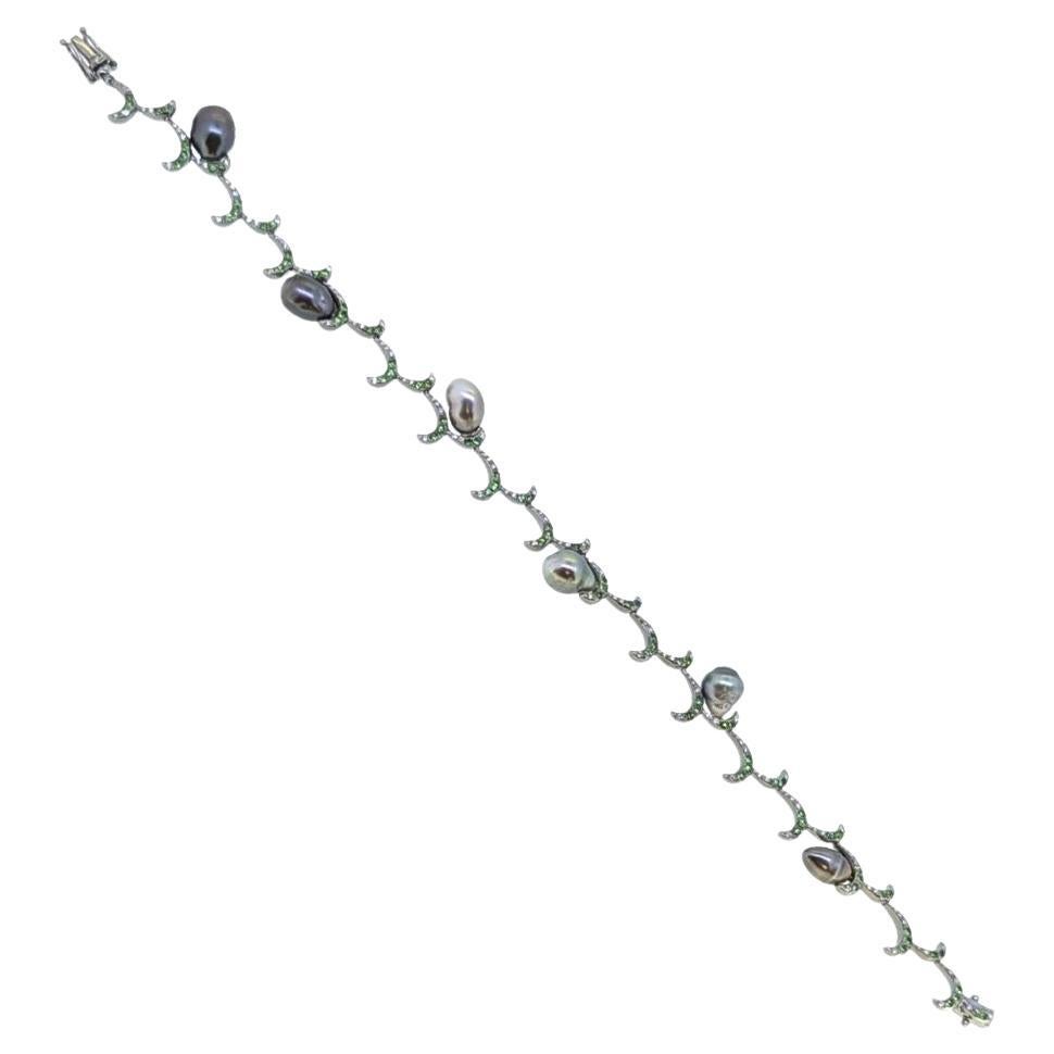 Fei Liu Tsavorite, Diamond and Pearl 18 Karat Black Gold Bracelet - 7.5 inches
