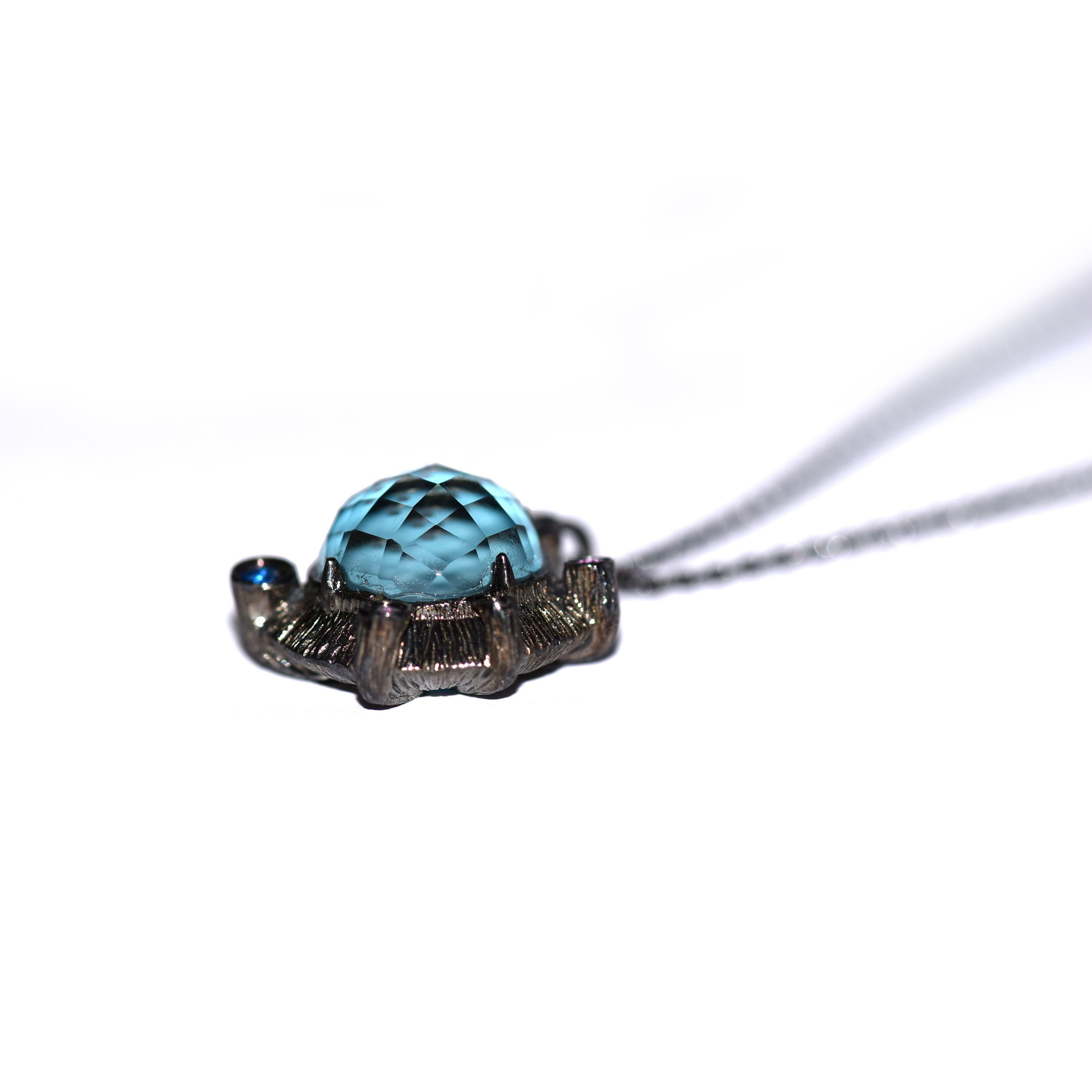 Contemporary Fei Liu Turquoise Cat's Eye Stone CZ Textured Black Rhodium Plate Silver Pendant