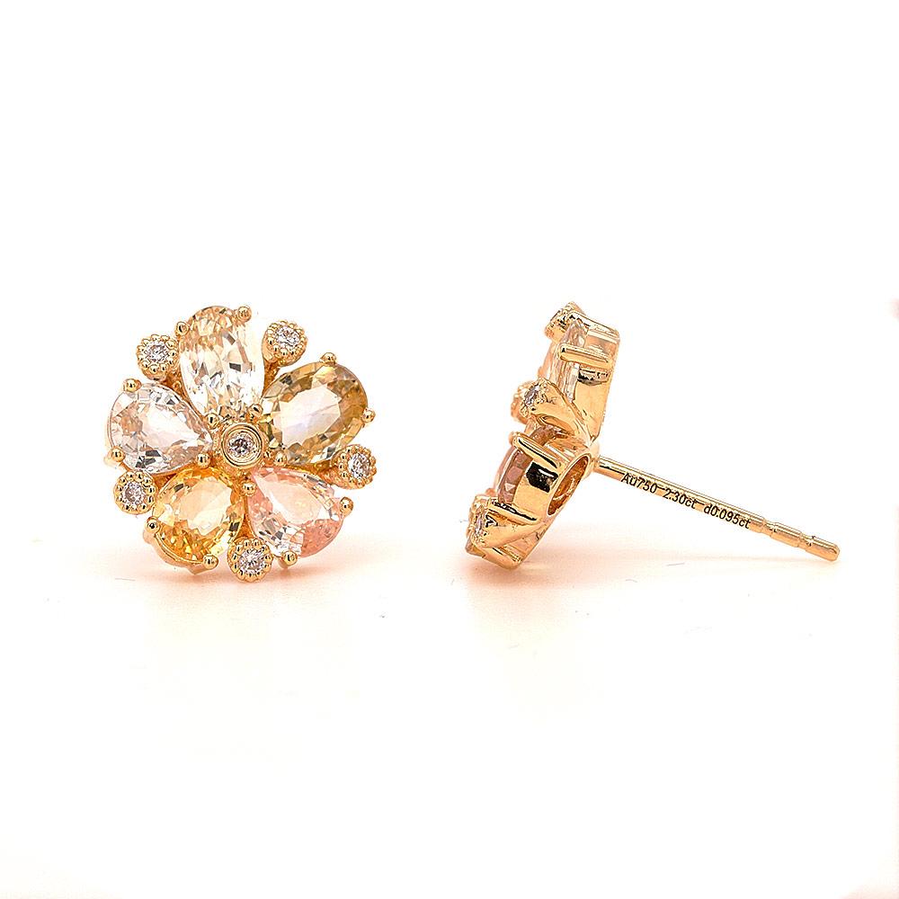 Contemporary Fei Liu Vari-Hue Yellow Sapphire and Diamond 18 Karat Gold Flower Stud Earrings