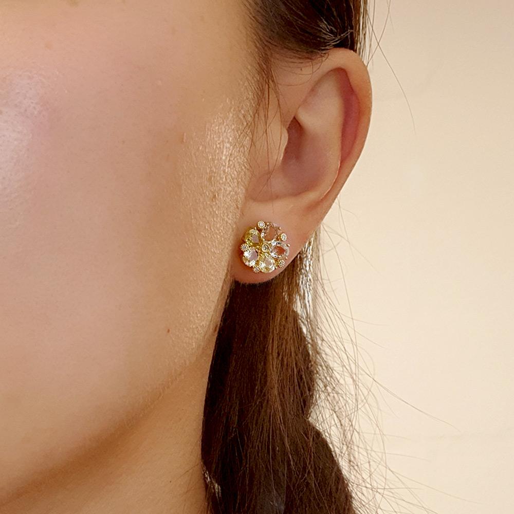 Pear Cut Fei Liu Vari-Hue Yellow Sapphire and Diamond 18 Karat Gold Flower Stud Earrings