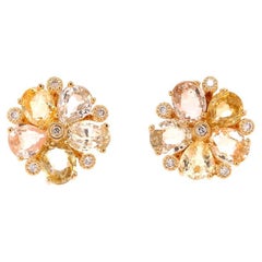 Fei Liu Vari-Hue Yellow Sapphire and Diamond 18 Karat Gold Flower Stud Earrings