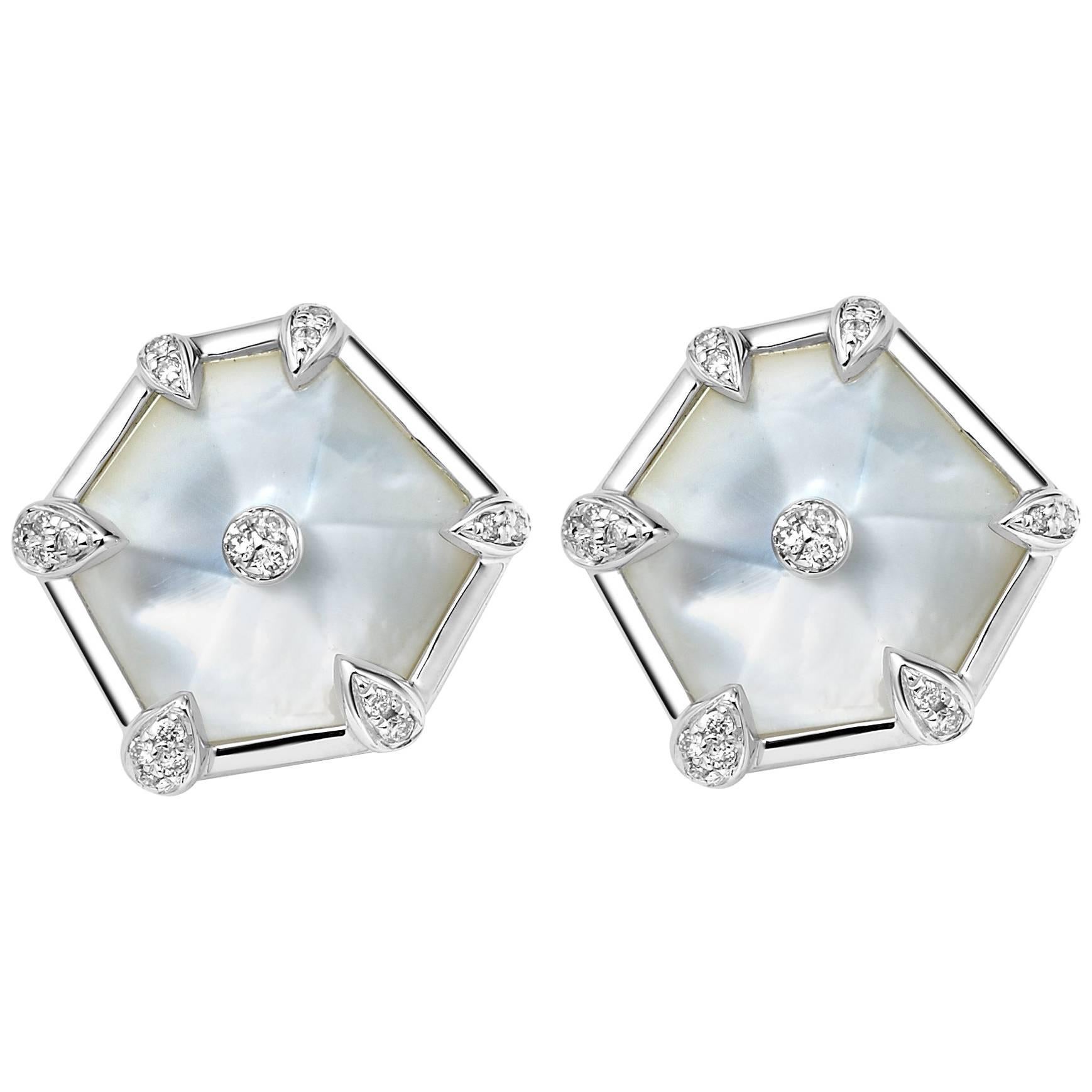 Fei Liu White Gold Hexagon Shape Stud Earrings with Diamonds, Mother-of-Pearl