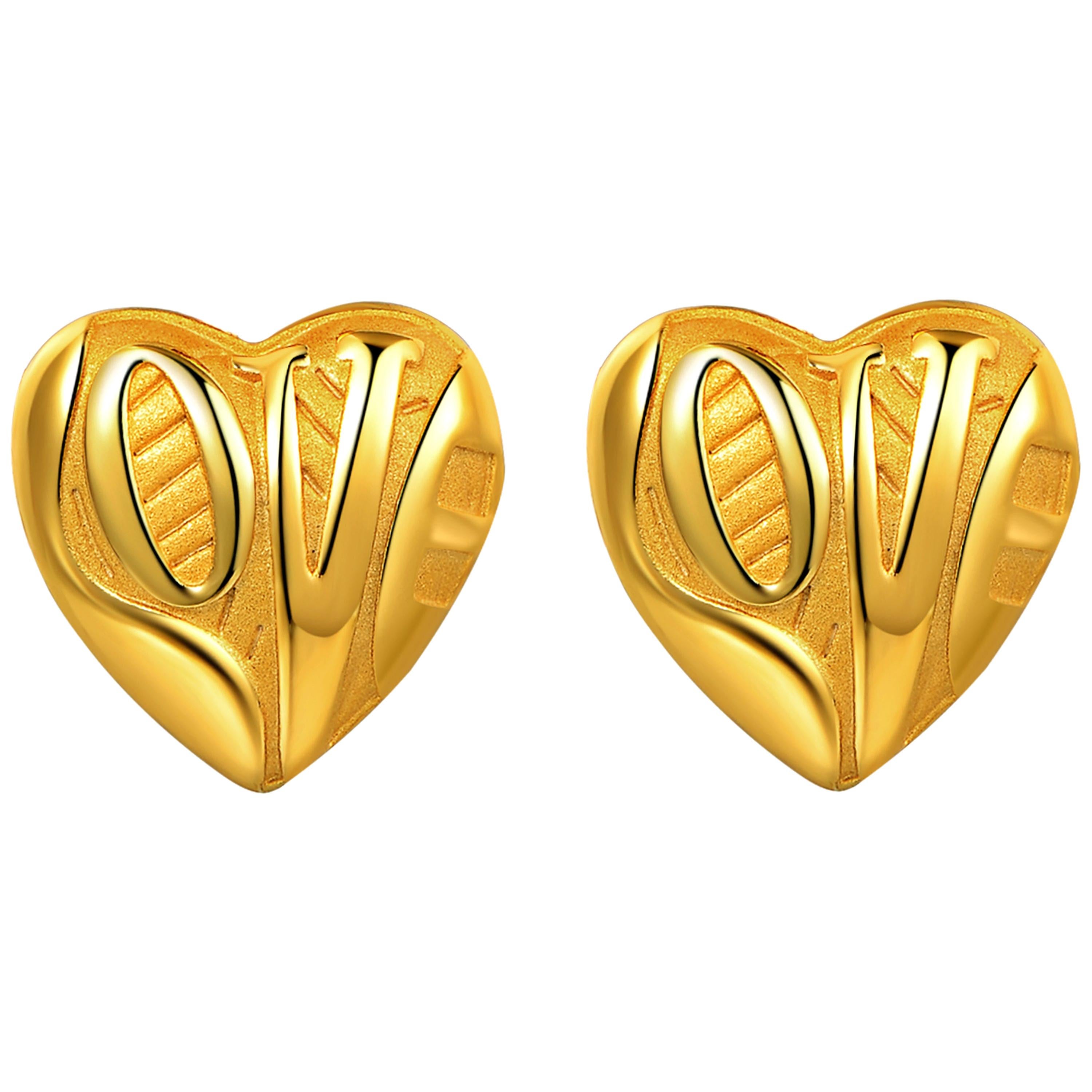 Fei Liu Yellow Gold Plated Sterling Silver 'Love' Inscribed Heart Stud Earrings