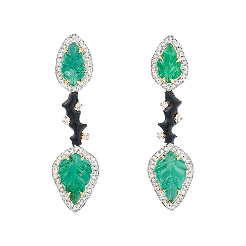 Contemporary Fei Liu Zambian Emerald, Diamond and Onyx 18 Karat Gold Drop Earrings For Sale