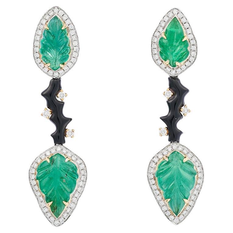 Fei Liu Zambian Emerald, Diamond and Onyx 18 Karat Gold Drop Earrings