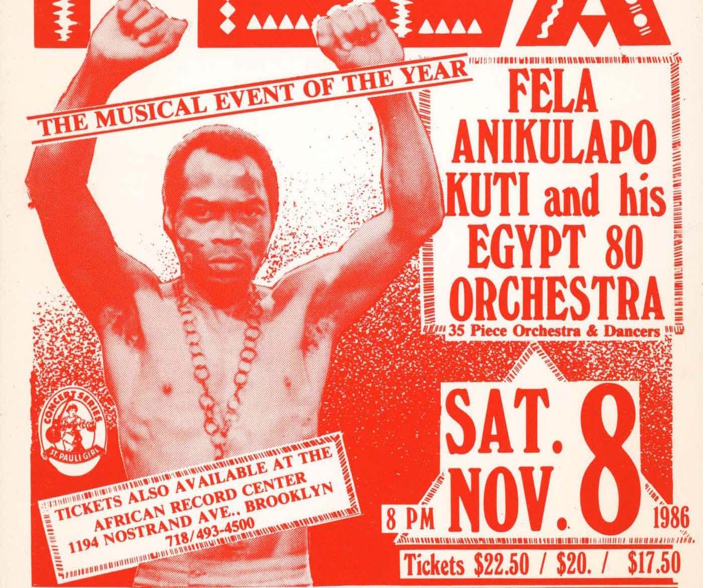 Vintage 1980's Fela Kuti announcement:
Original Fela Kuti announcement published on the occasion of his November 6th 1986 show at Madison Square Garden's The Felt Forum. A rare must have Fela Kuti collectible. Beginning in the 1960s, Fela Kuti