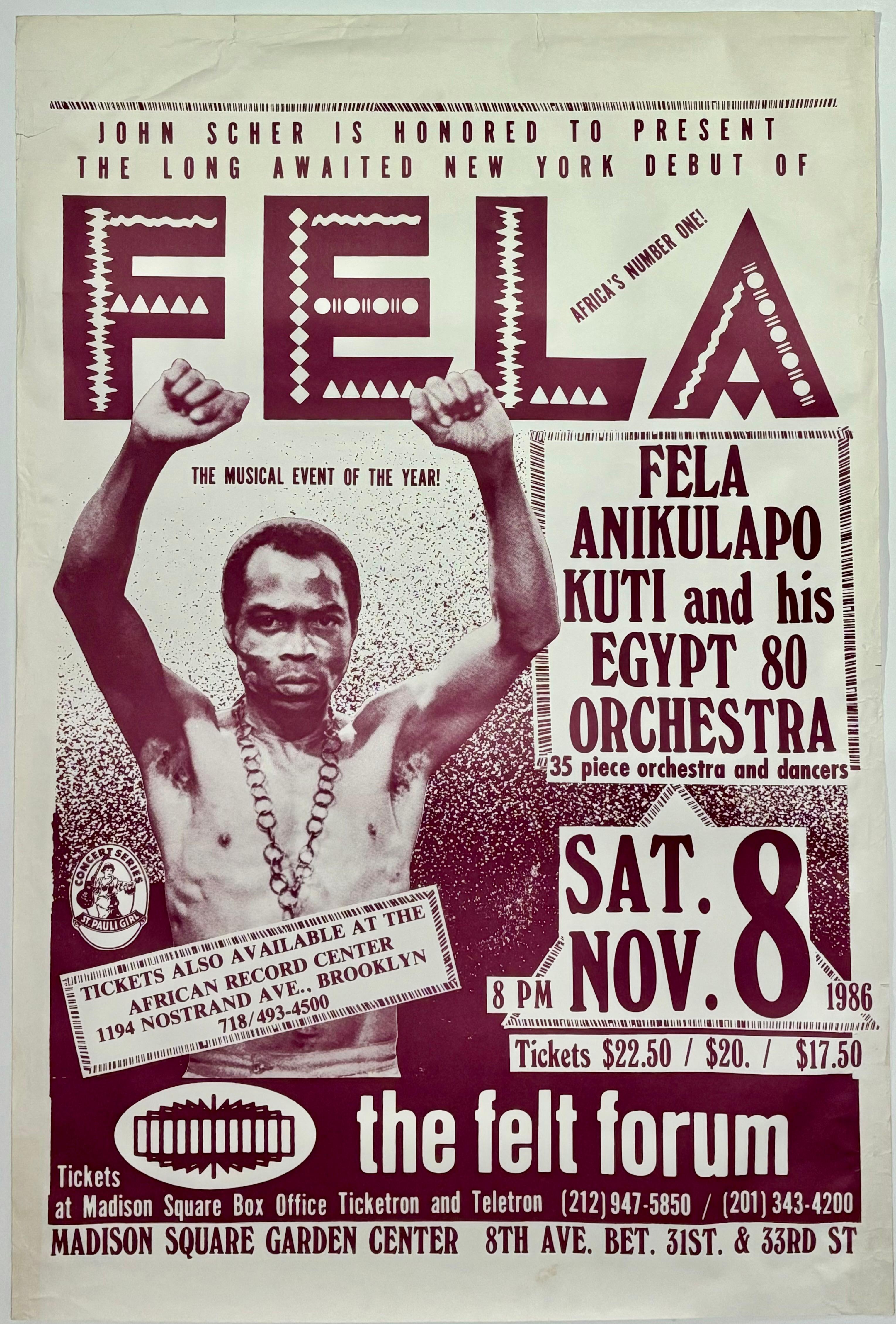 Vintage 1980's Fela Kuti Concert Poster :
Rare affiche de concert originale de Fela Kuti publiée à l'occasion de son concert historique du 6 novembre 1986 au Madison Square Garden's The Felt Forum. Une pièce de collection rare et indispensable de