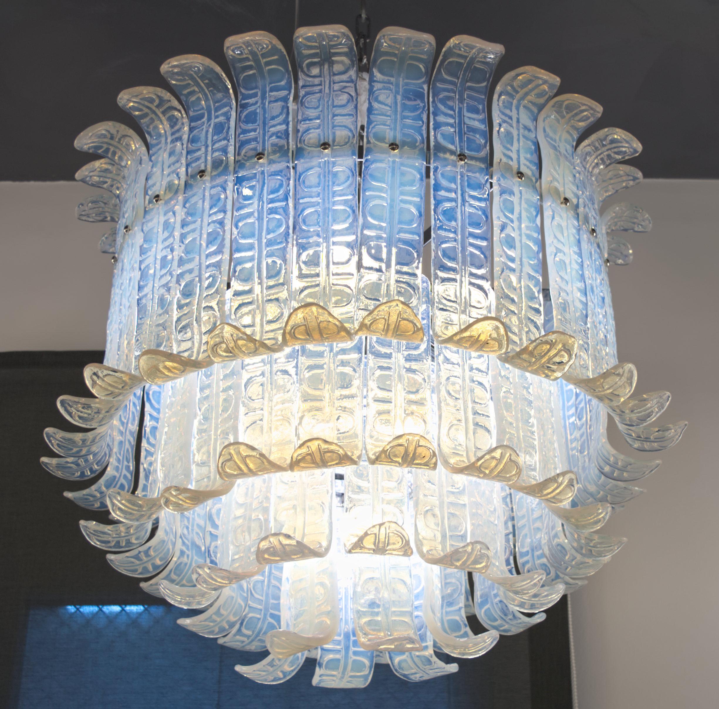 Mid-Century Modern Felci Fern Opaline Glass Barovier & Toso Murano Glass Chandelier, 1970s