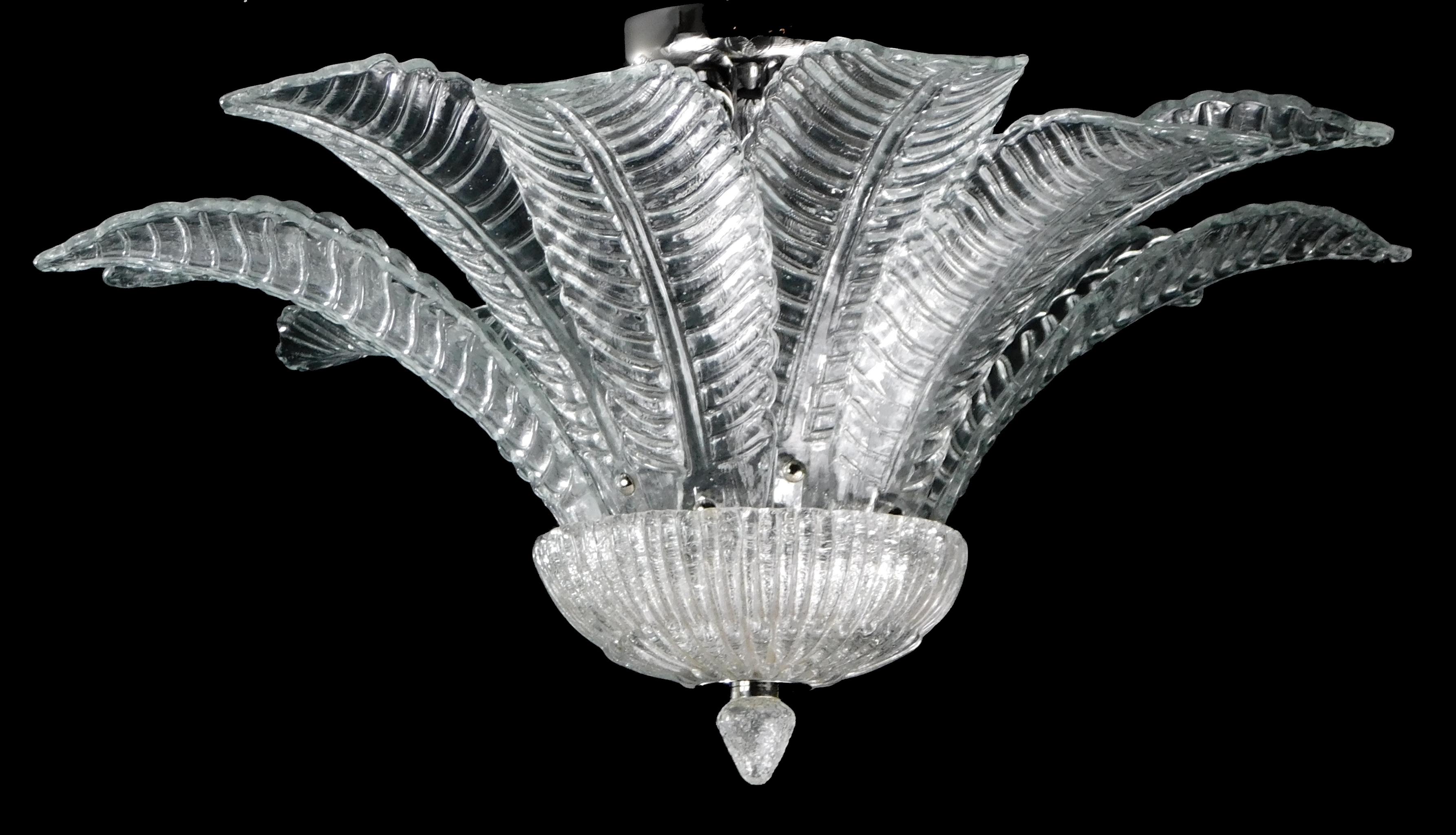 Italian flush mount with clear hand blown murano Felci fern glass leaves mounted on chrome finish metal frame by Fabio Ltd / made in Italy
6 lights / E12 or E14 type / max 40W each
Measures: Diameter 27.5 inches, height 14 inches
Order only / this