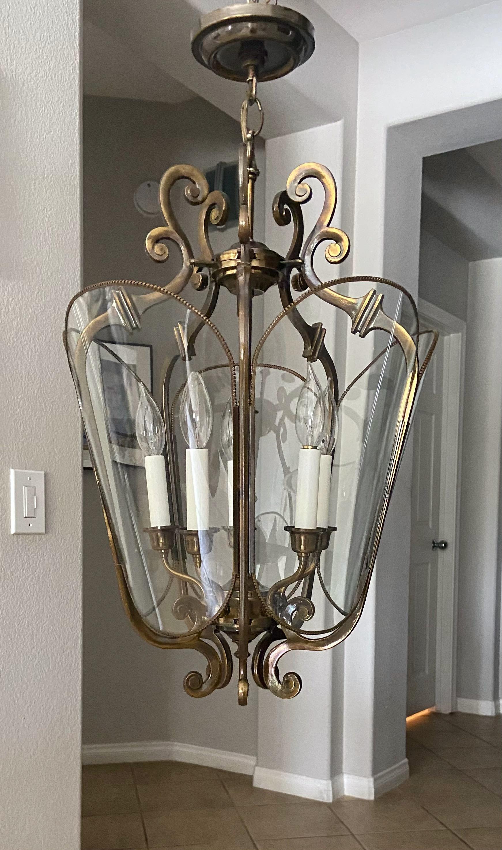 Feldman Brass 5 Light Hall Lantern or Pendant In Good Condition For Sale In Palm Springs, CA