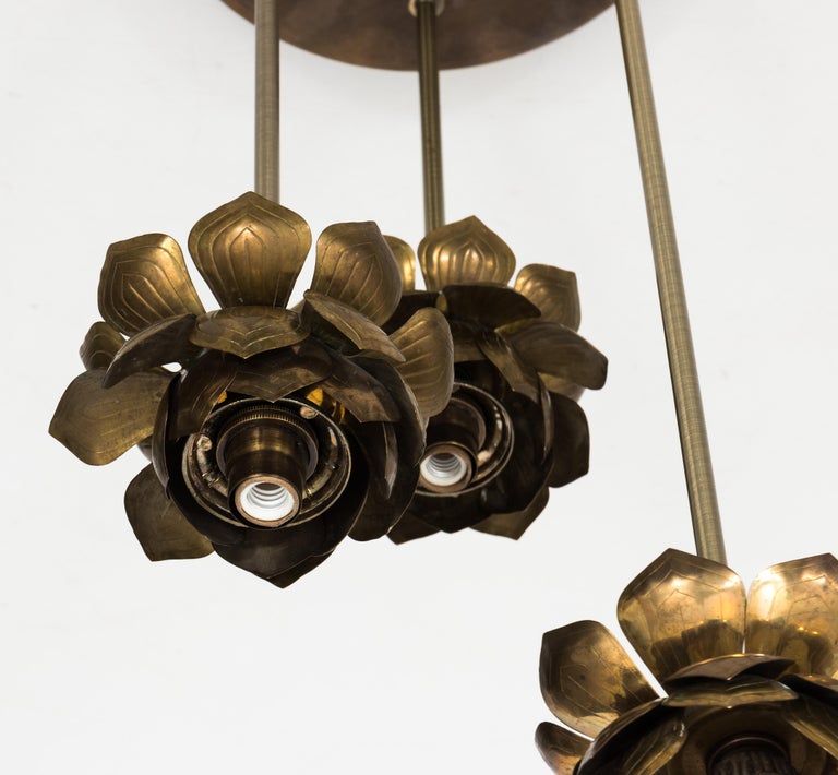 Feldman Brass Lotus Flower ThreeLight Fixture at 1stDibs