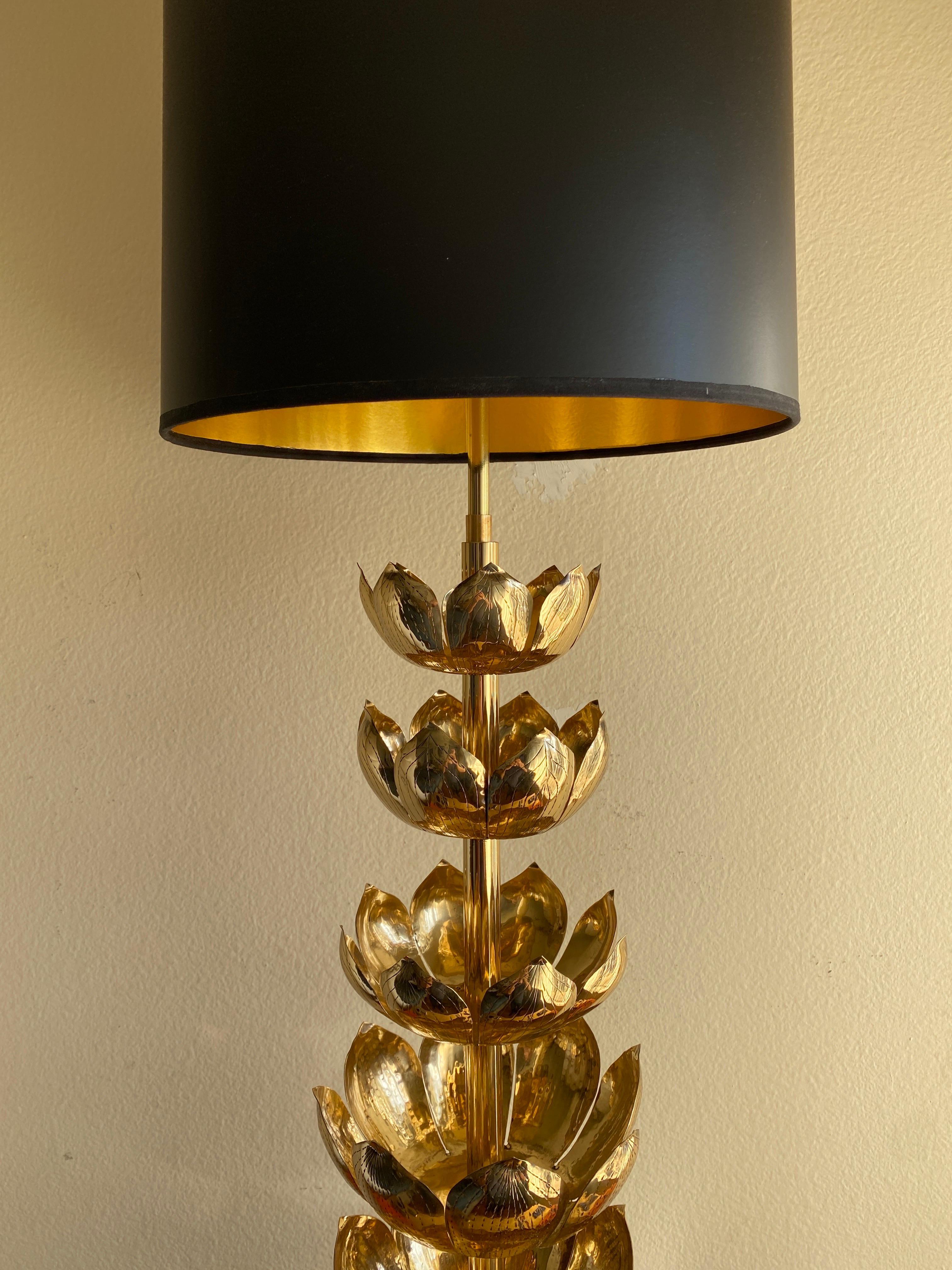Large polished brass lotus lamp by Feldman Lighting Co. Shade is not included.