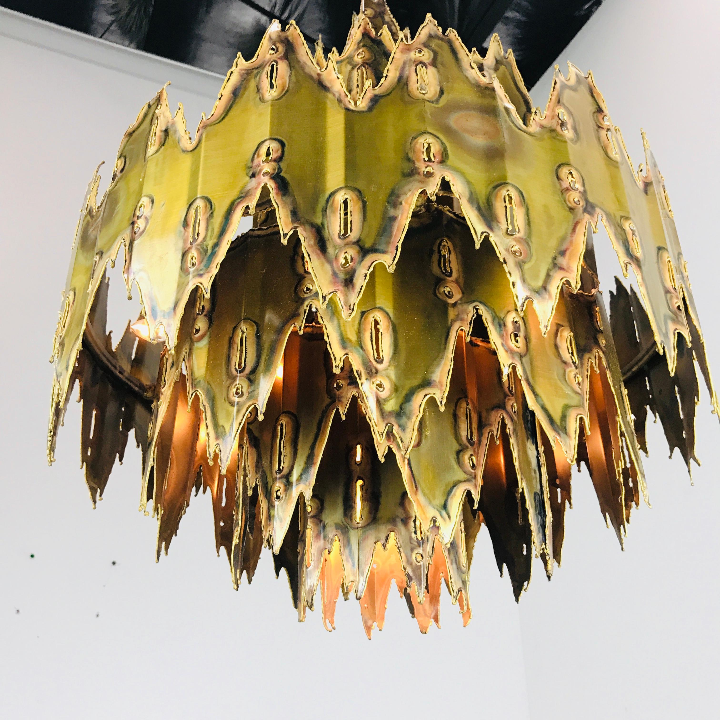 Patinated Feldman Brutalist Torch Cut Chandelier by Tom Greene