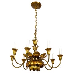 Feldman Co. Hollywood Regency Brass Lotus 9-Light Chandelier