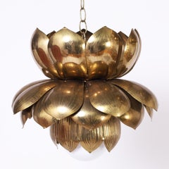 Feldman Large Pair of Mid Century Brass Lotus Light Fixtures or Pendants