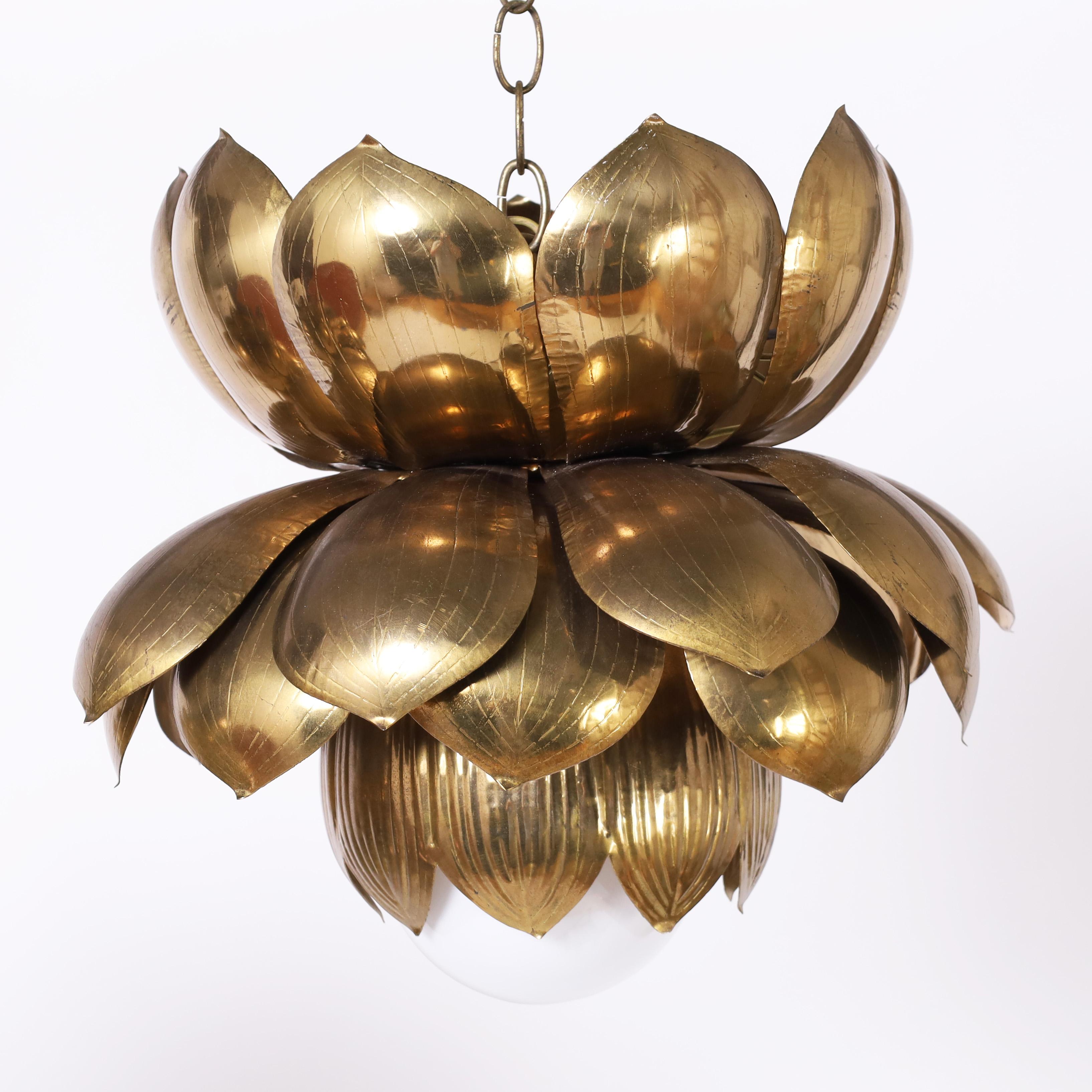 Mid-Century Modern Feldman Large Pair of Mid Century Brass Lotus Light Fixtures or Pendants