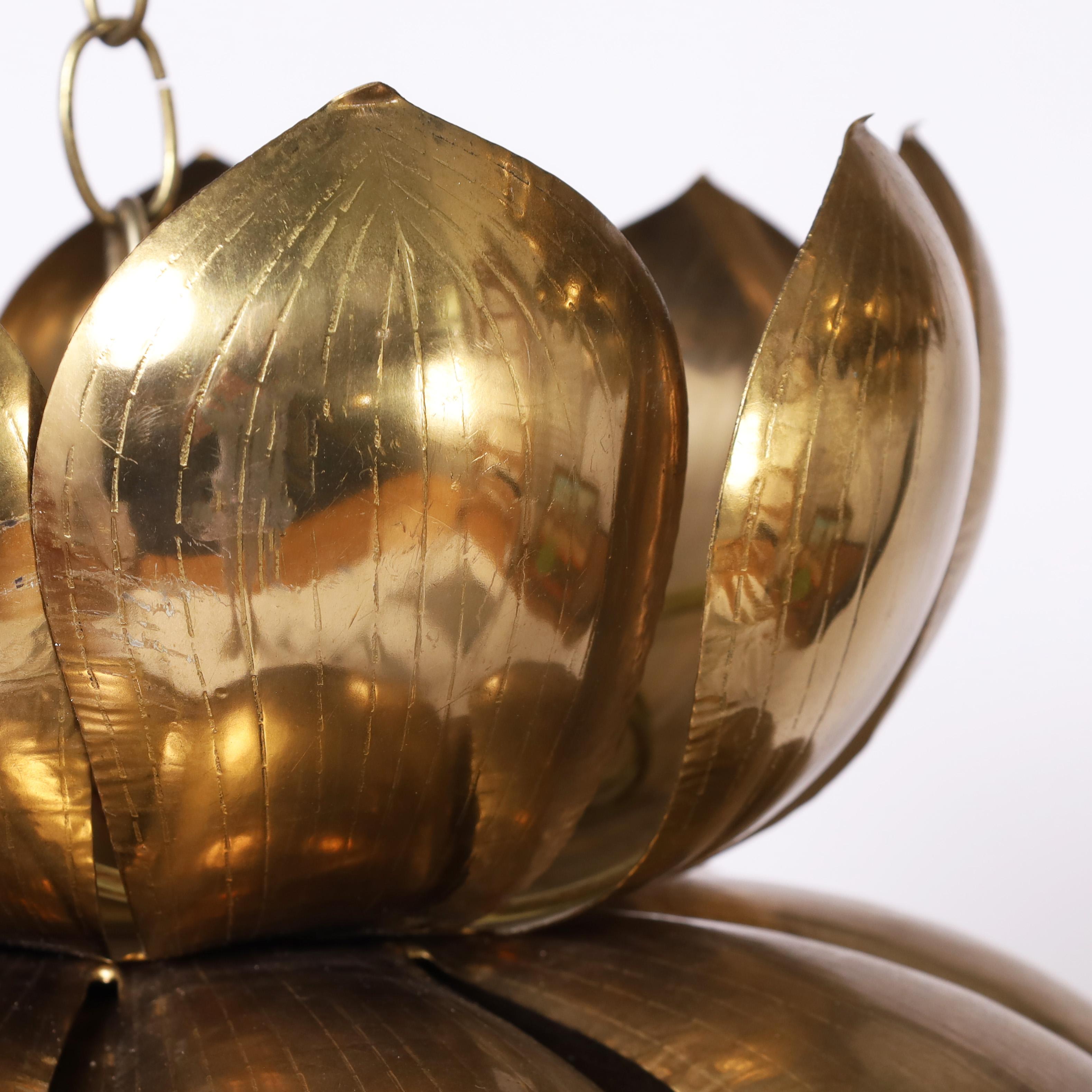 Hong Kong Feldman Large Pair of Mid Century Brass Lotus Light Fixtures or Pendants