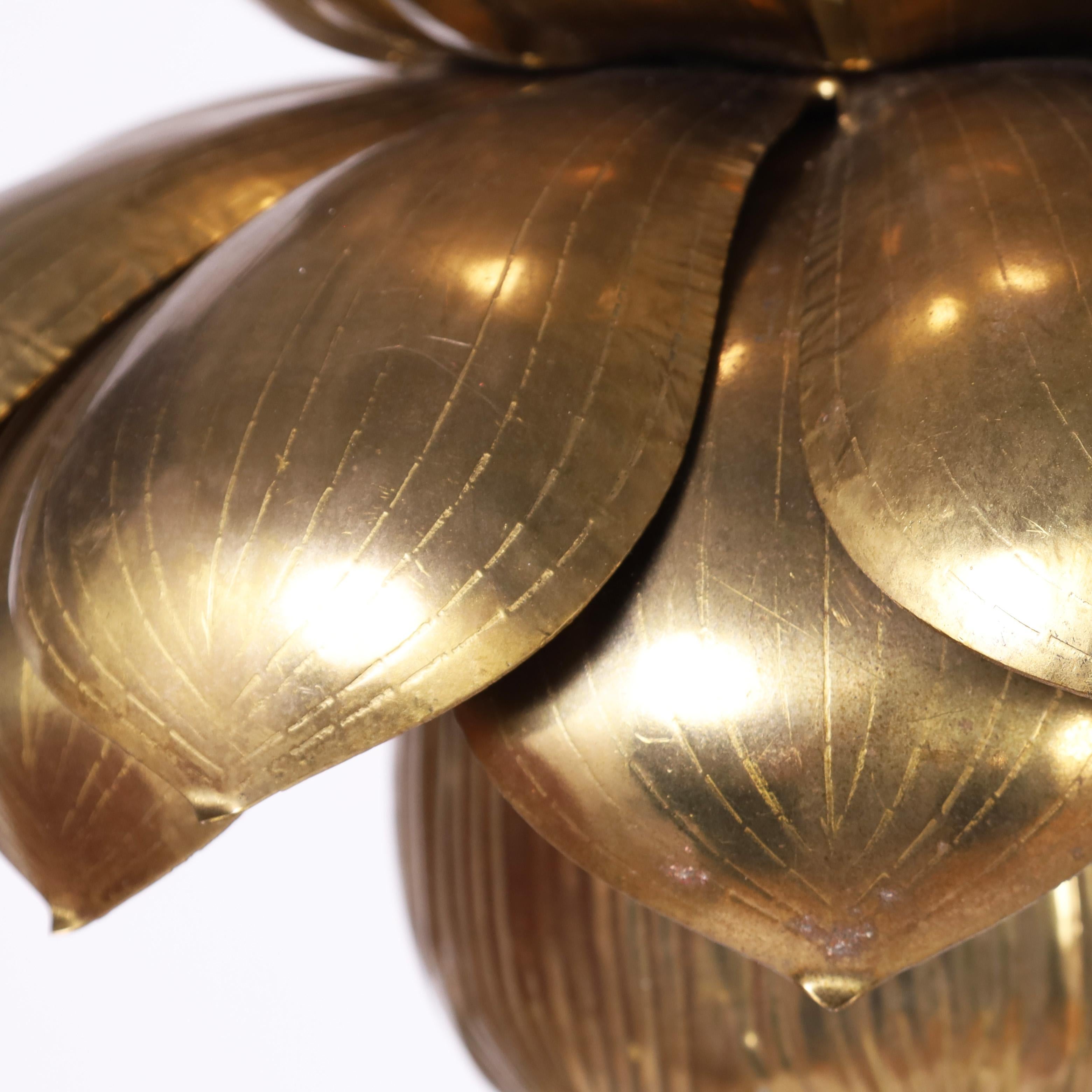 Hand-Crafted Feldman Large Pair of Mid Century Brass Lotus Light Fixtures or Pendants