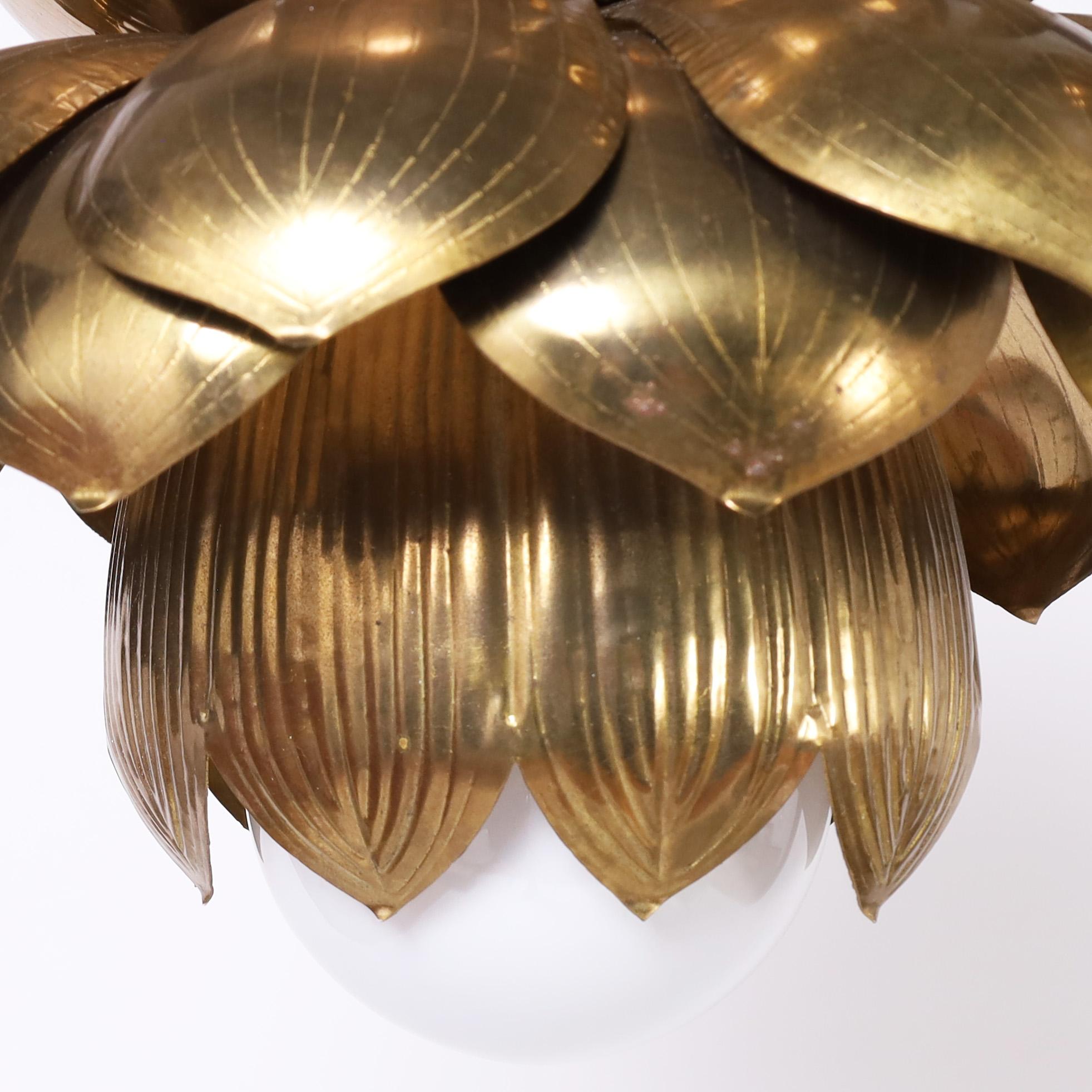 Feldman Large Pair of Mid Century Brass Lotus Light Fixtures or Pendants In Good Condition In Palm Beach, FL