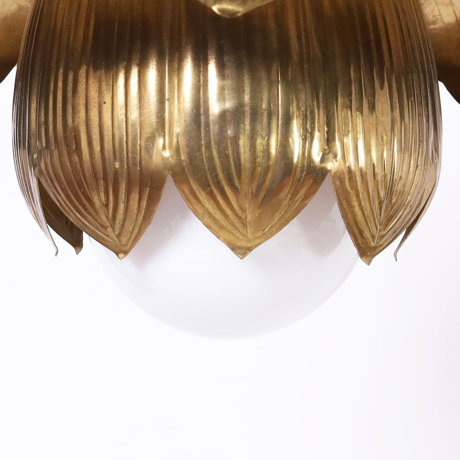 20th Century Feldman Large Pair of Mid Century Brass Lotus Light Fixtures or Pendants