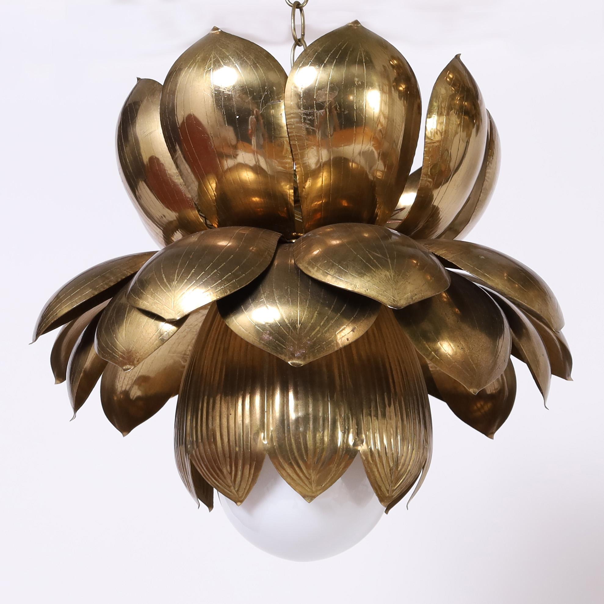 Feldman Large Pair of Mid Century Brass Lotus Light Fixtures or Pendants 1
