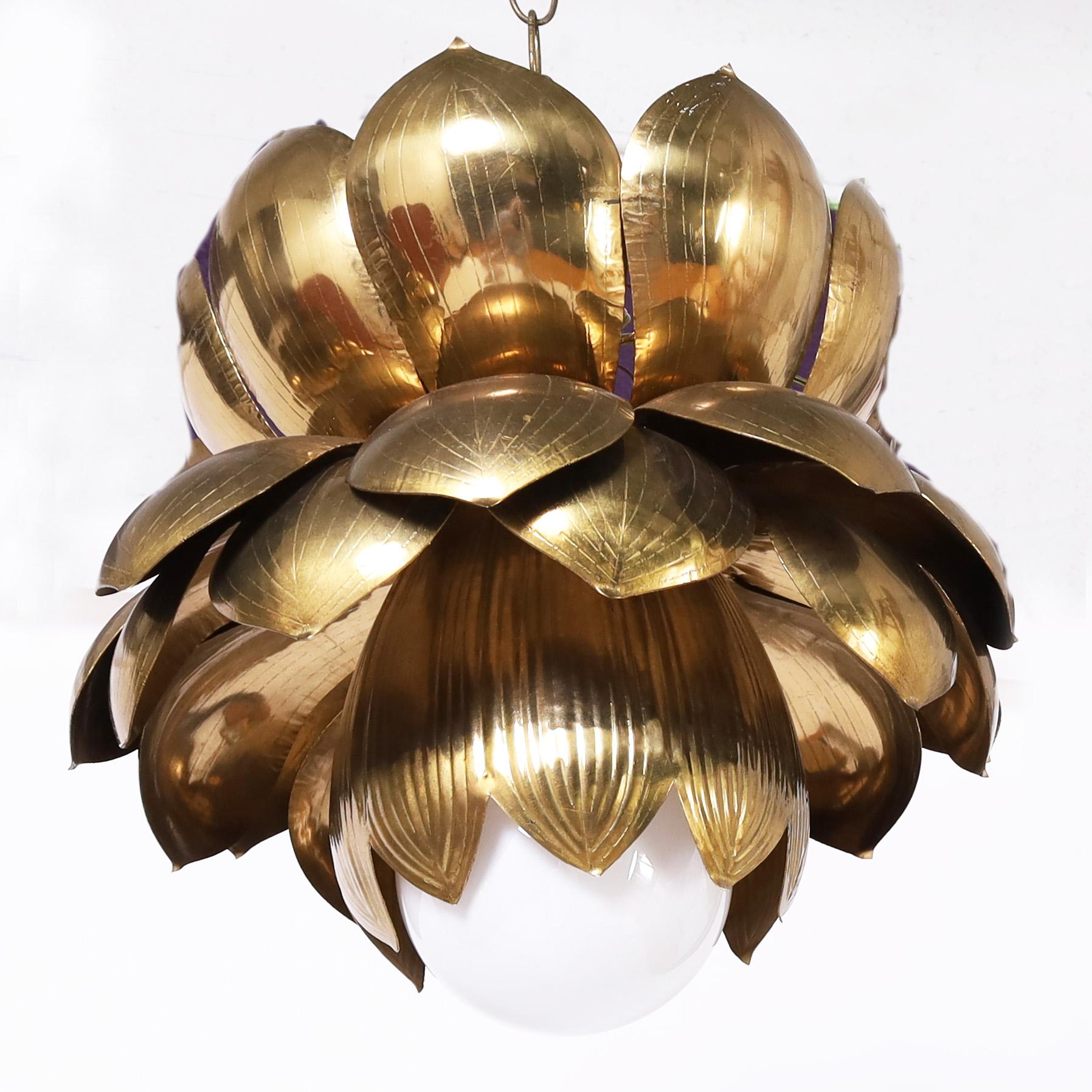 Feldman Large Pair of Mid Century Brass Lotus Light Fixtures or Pendants 2