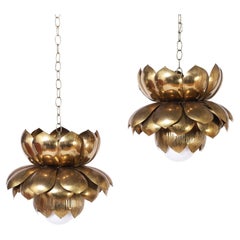 Feldman Large Pair of Mid Century Brass Lotus Light Fixtures or Pendants