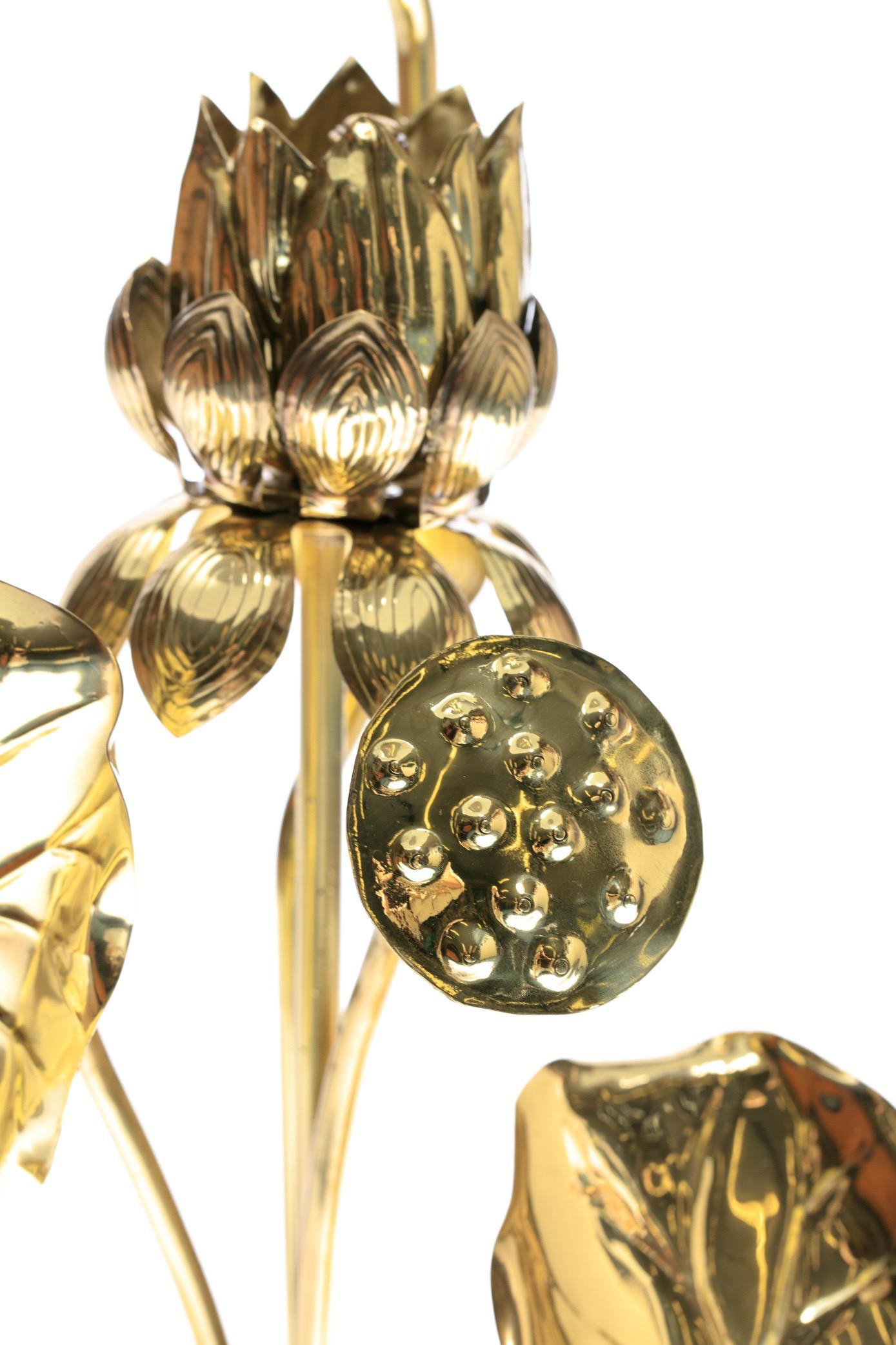 Large, sculptural brass lotus flower lamp by Feldman Lighting Company often described as in the style of Tommi Parzinger. When originally sold, Feldman lotus lamps were customized to the buyer's taste. Some lamps had fewer branches and some had but