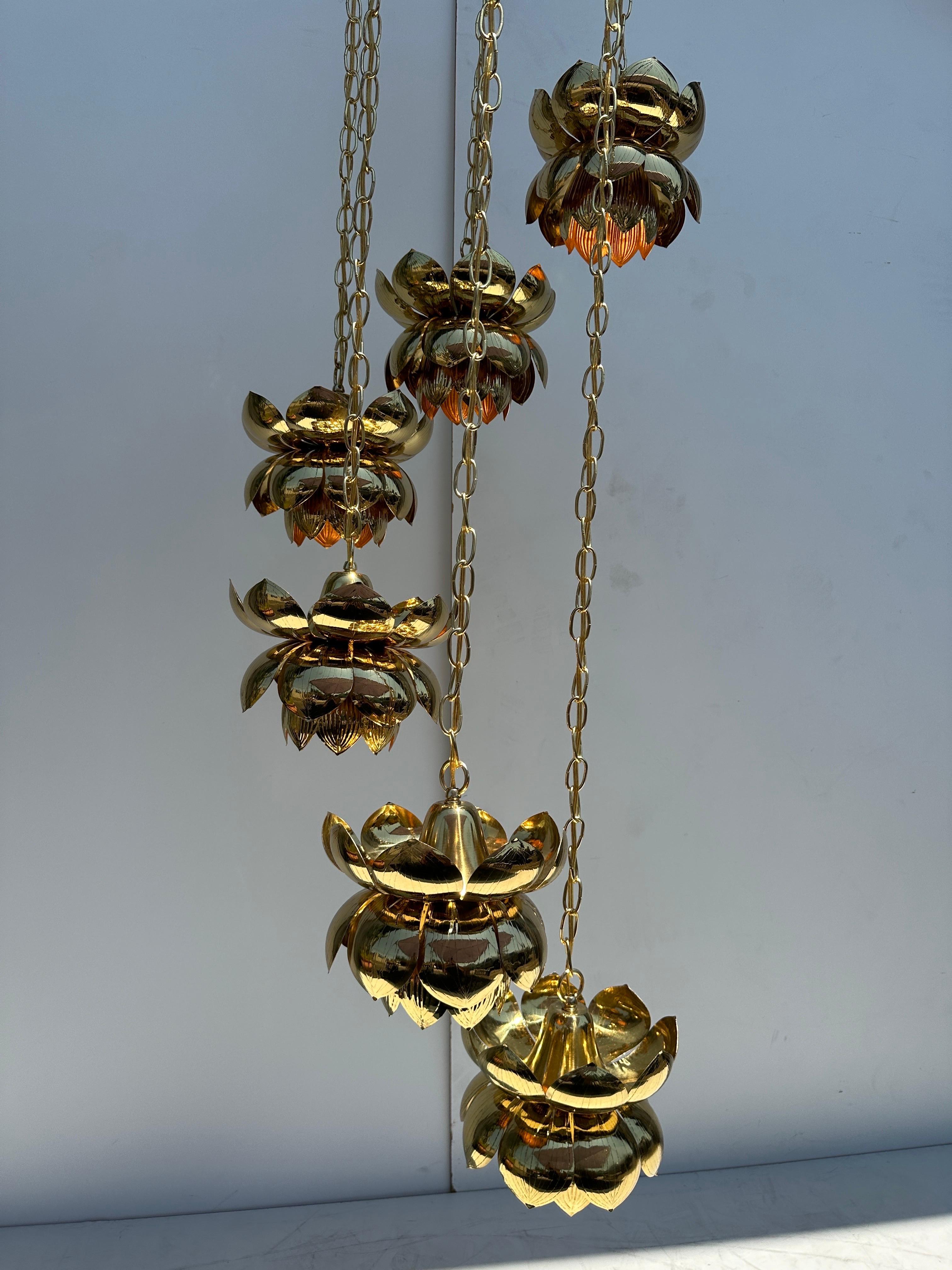 Feldman Six Light Brass Lotus Chandelier In Good Condition In North Hollywood, CA