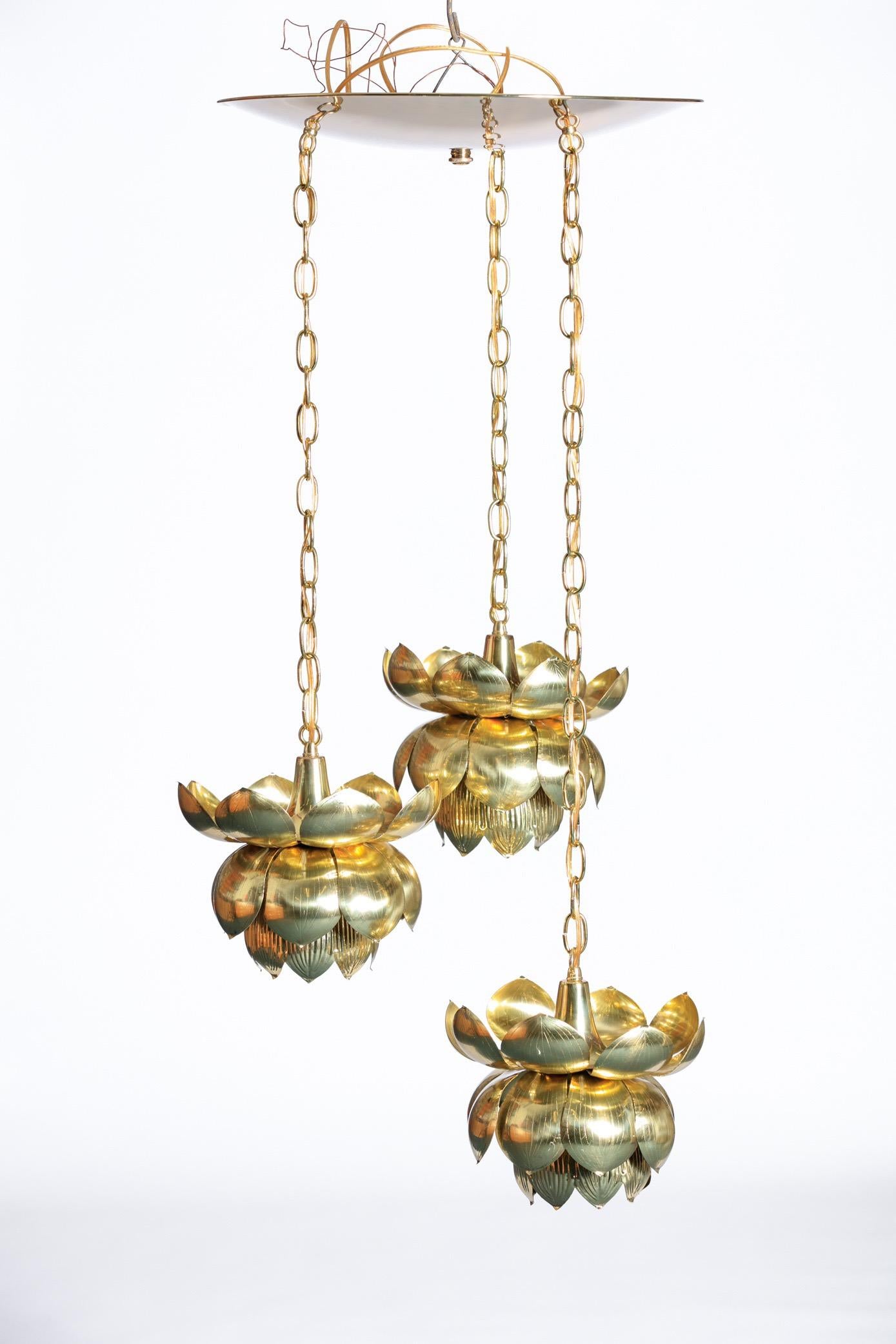 Hong Kong Feldman Triple Lotus Light Fixture Chandelier, circa 1960 For Sale