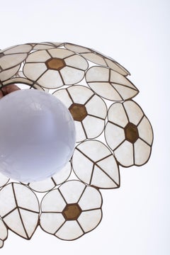 Feldman White Capiz Shell and Brass Floral Themed Pendant Light