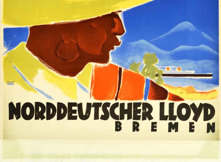 Feldt-Mann - Original Vintage Cruise Travel Poster Cuba Mexico  Norddeutscher Lloyd Steamship For Sale at 1stDibs