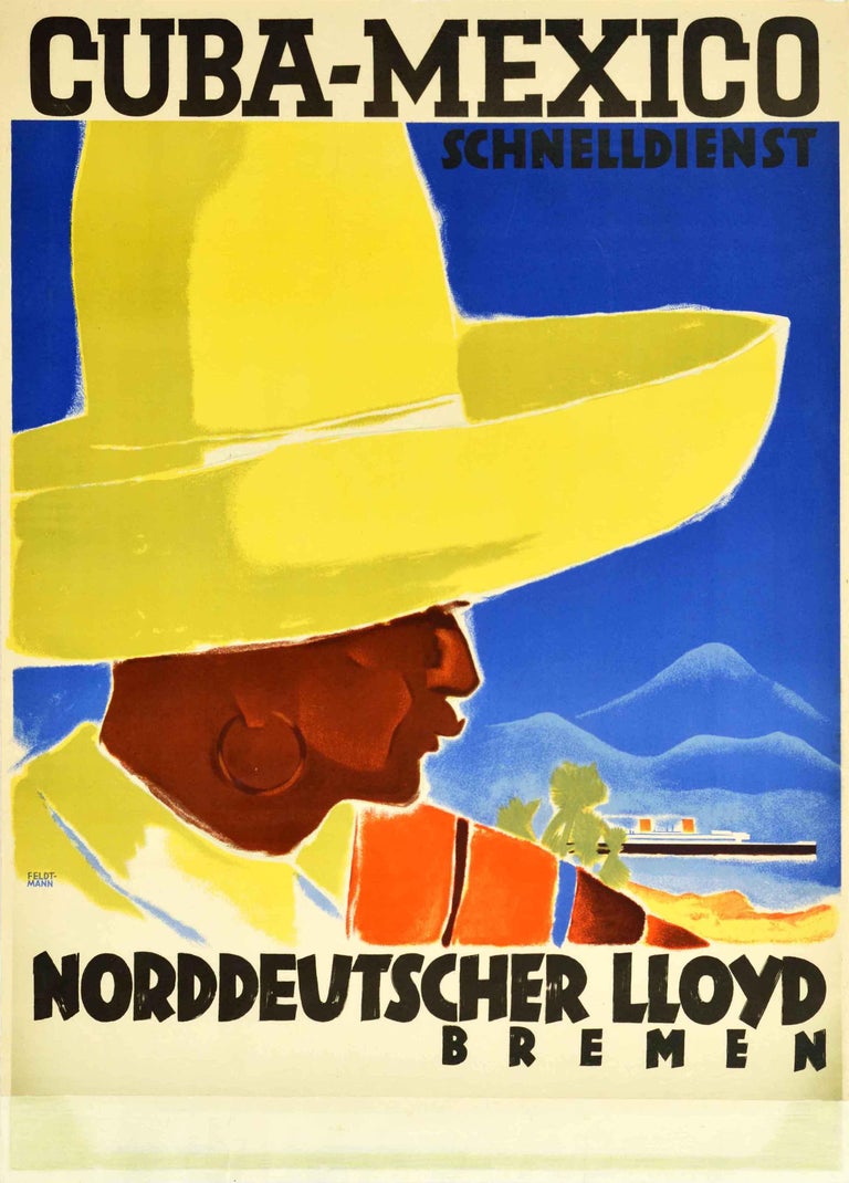 Feldt-Mann - Original Vintage Cruise Travel Poster Cuba Mexico  Norddeutscher Lloyd Steamship For Sale at 1stDibs