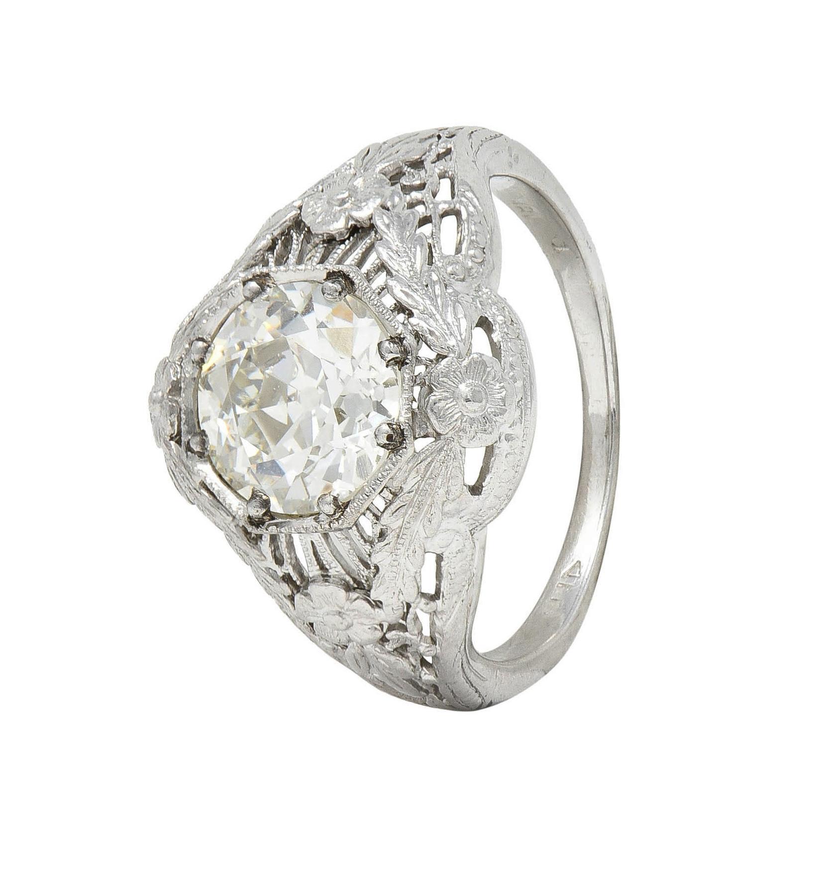Felger Art Deco 1.35 CTW Diamond 18K White Gold Floral Vintage Engagement Ring For Sale 6