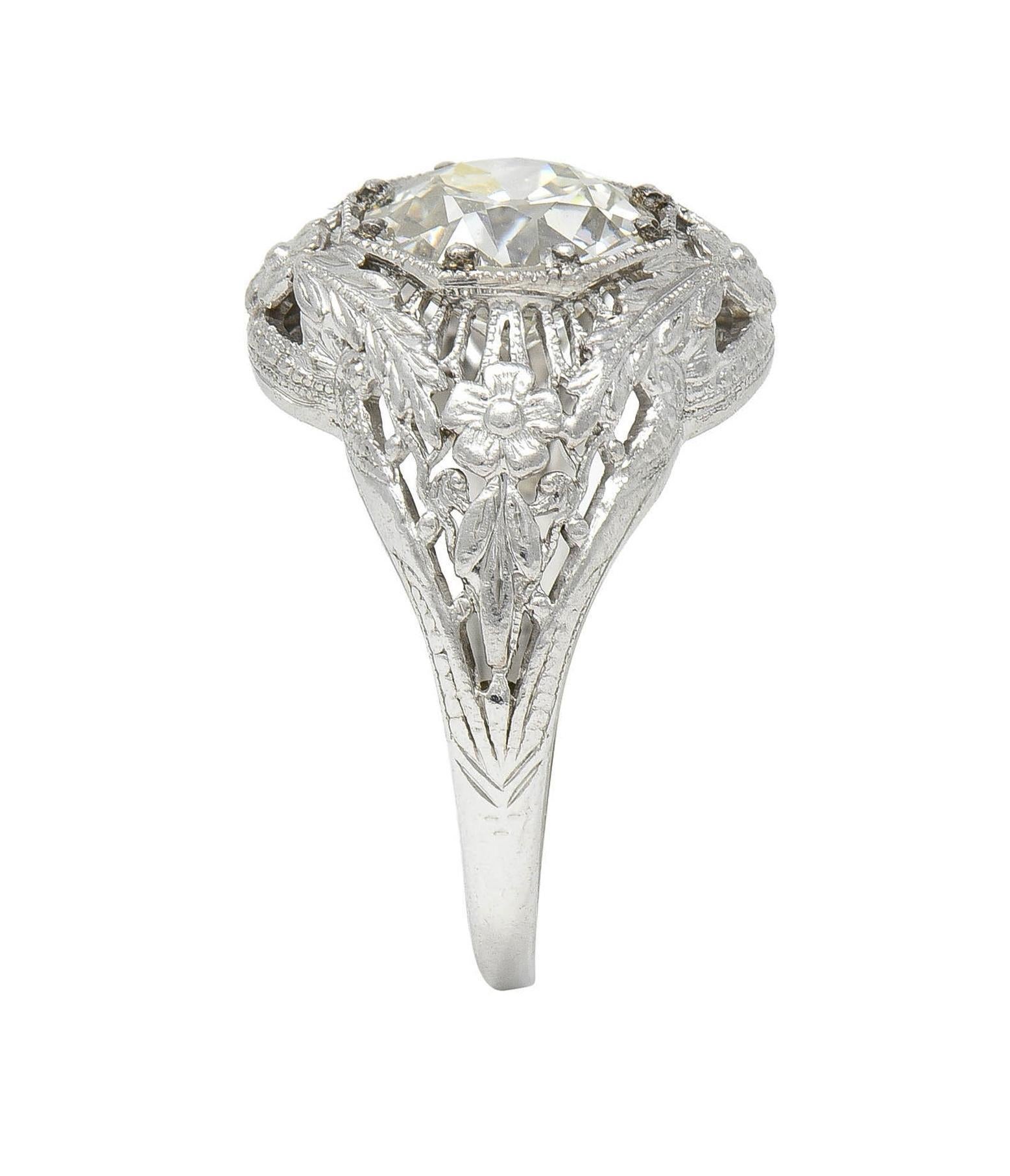 Felger Art Deco 1.35 CTW Diamond 18K White Gold Floral Vintage Engagement Ring For Sale 7