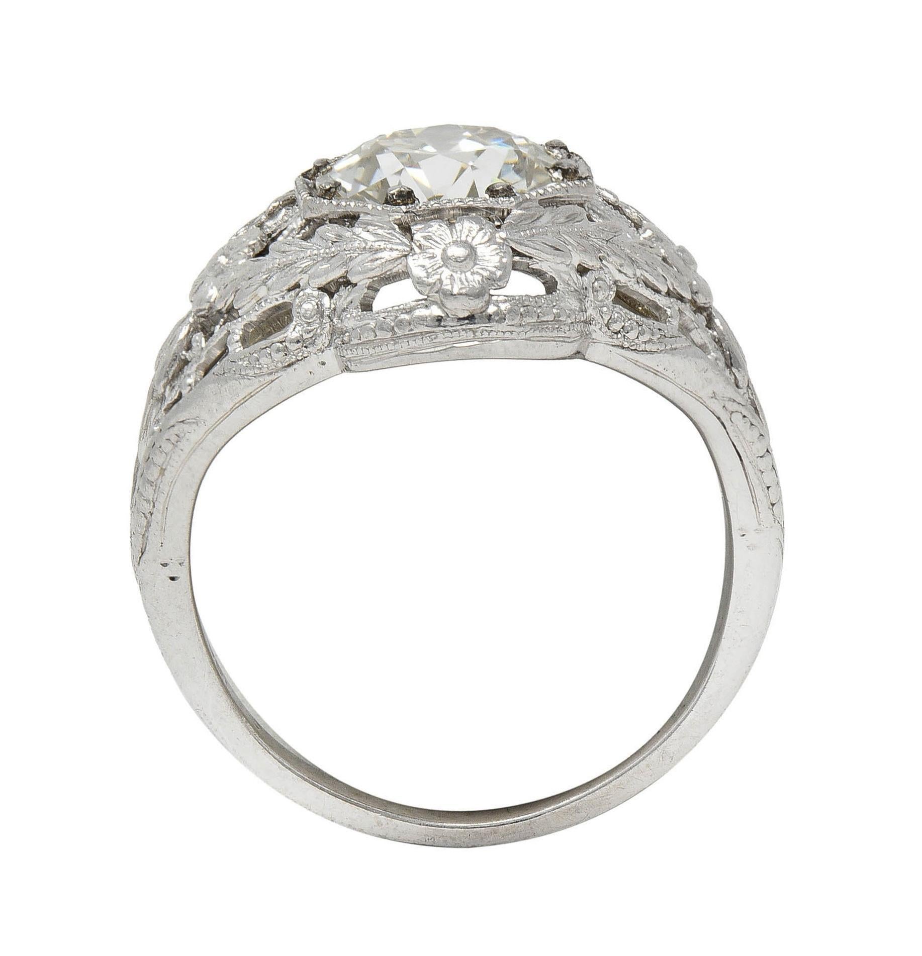 Felger Art Deco 1.35 CTW Diamond 18K White Gold Floral Vintage Engagement Ring For Sale 8