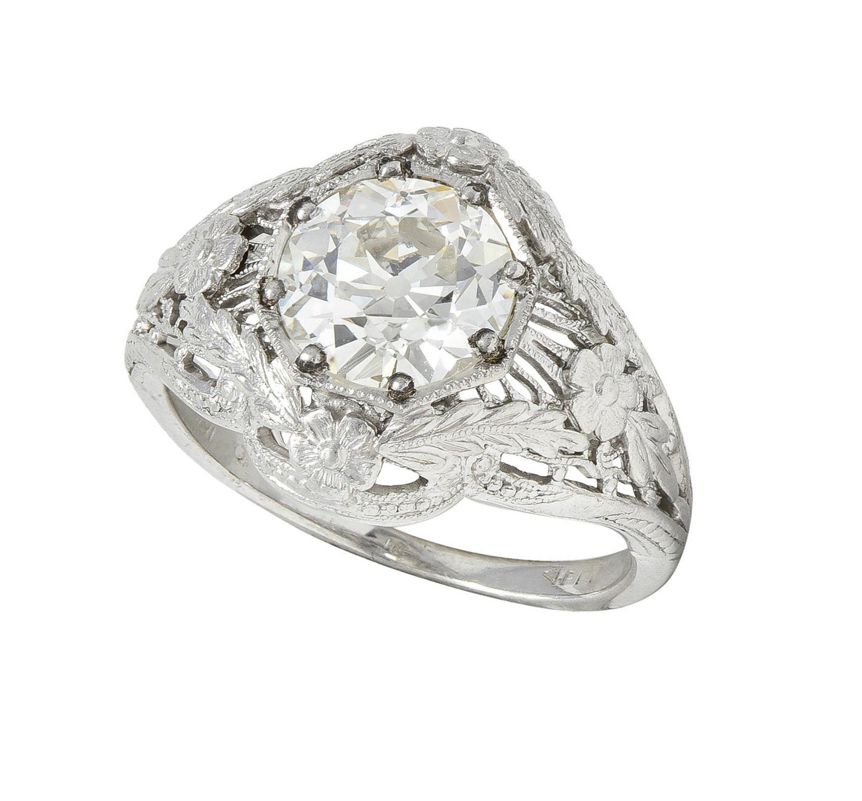 Felger Art Deco 1.35 CTW Diamond 18K White Gold Floral Vintage Engagement Ring For Sale 9