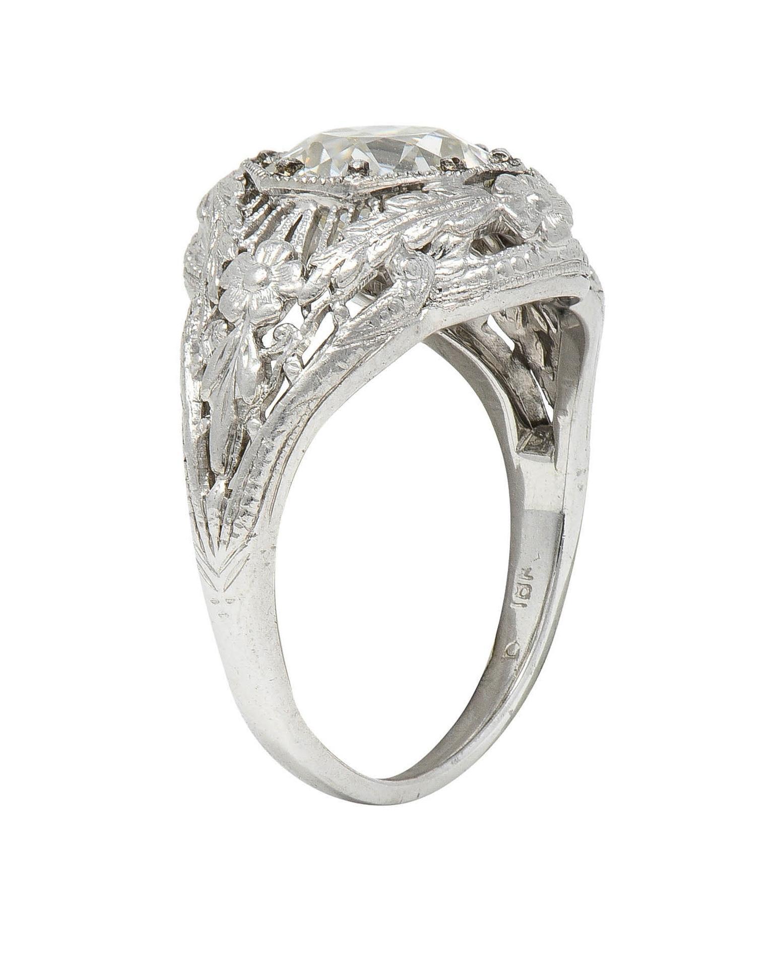Round Cut Felger Art Deco 1.35 CTW Diamond 18K White Gold Floral Vintage Engagement Ring For Sale