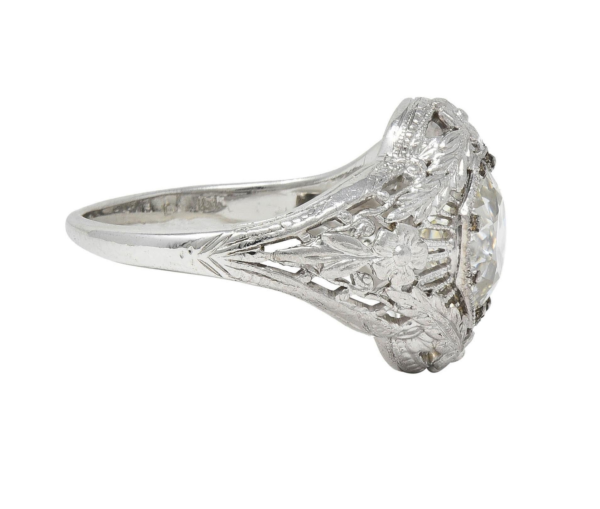 Women's or Men's Felger Art Deco 1.35 CTW Diamond 18K White Gold Floral Vintage Engagement Ring For Sale