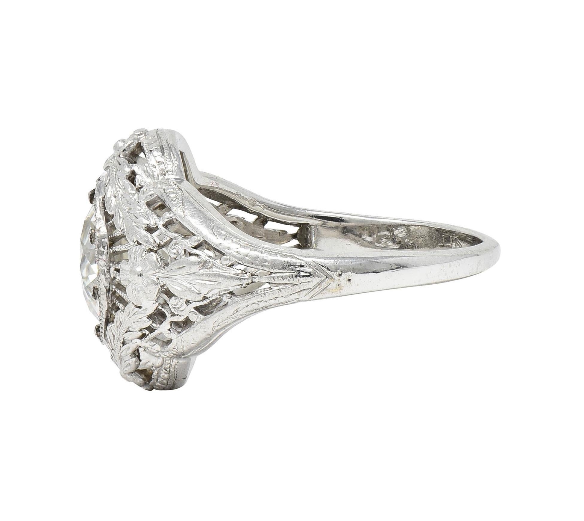 Felger Art Deco 1.35 CTW Diamond 18K White Gold Floral Vintage Engagement Ring For Sale 2