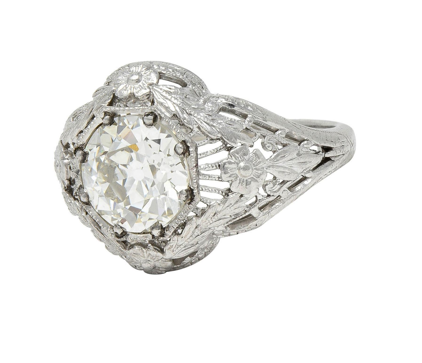 Felger Art Deco 1.35 CTW Diamond 18K White Gold Floral Vintage Engagement Ring For Sale 3
