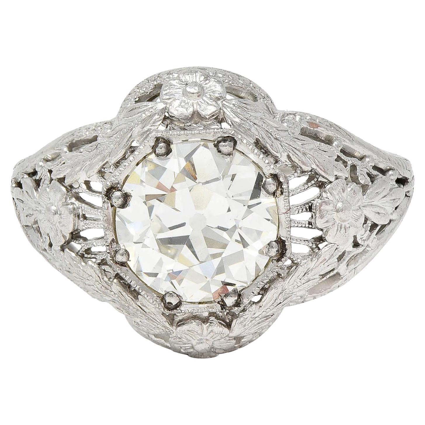 Felger Art Deco 1.35 CTW Diamond 18K White Gold Floral Vintage Engagement Ring For Sale