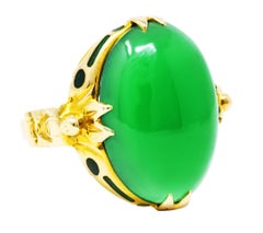 Felger Art Deco Chrysoprase Enamel 14 Karat Yellow Gold Buddha Lotus Ring