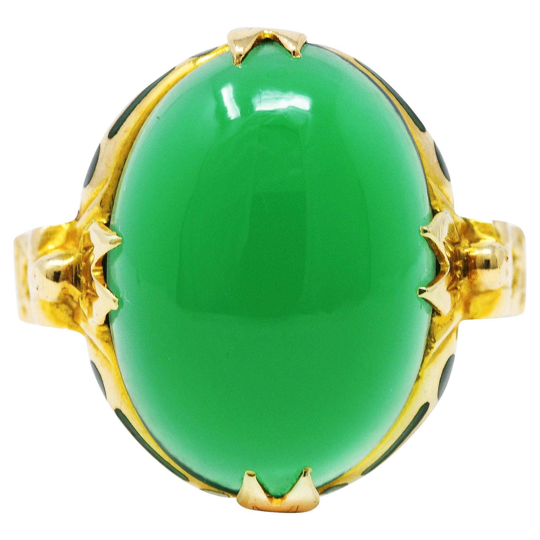 Felger Art Deco Chrysoprase Enamel 14 Karat Yellow Gold Buddha Lotus Ring
