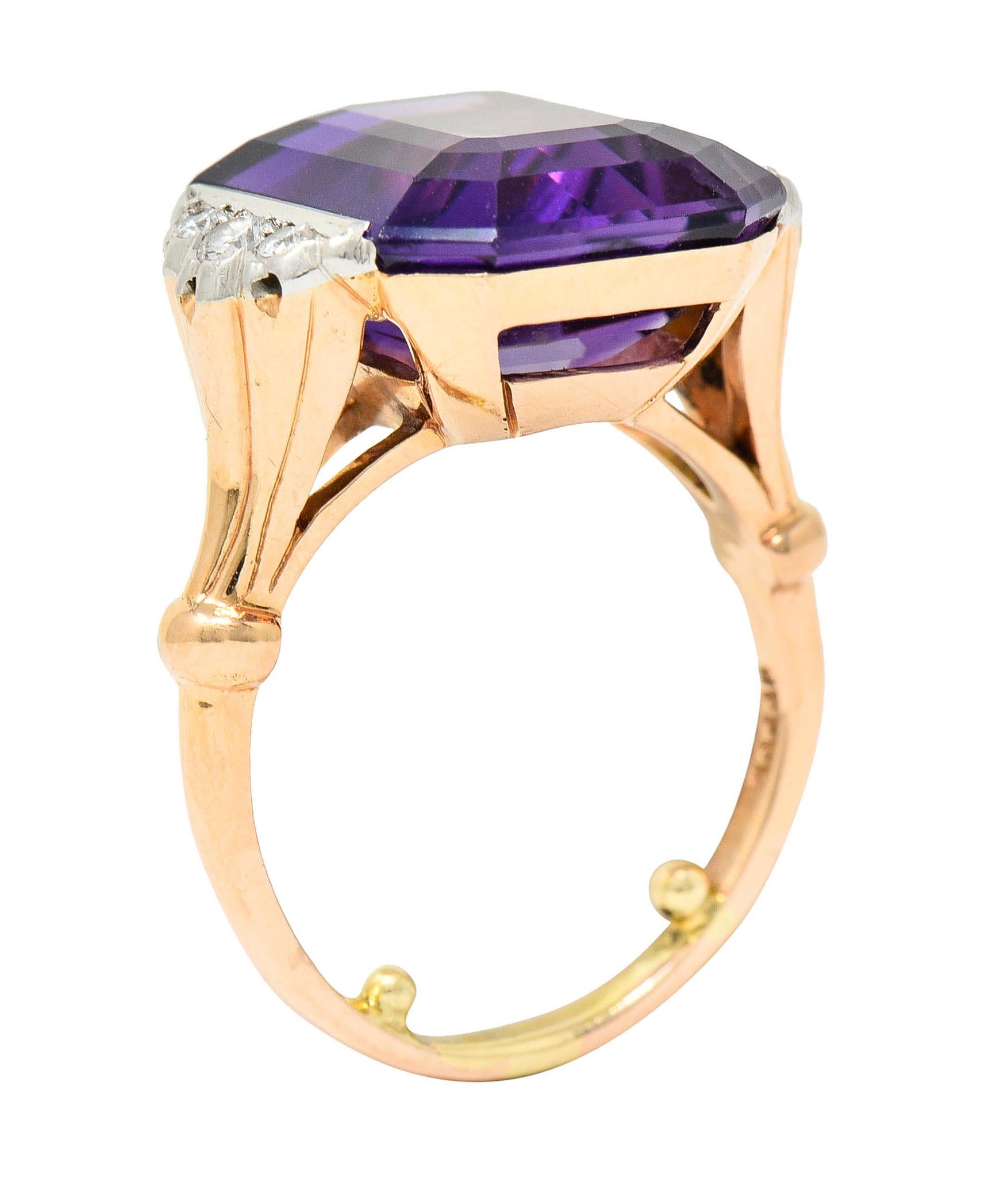 Felger Inc. Amethyst Diamond Platinum-Topped 14 Karat Gold Cocktail Ring 3