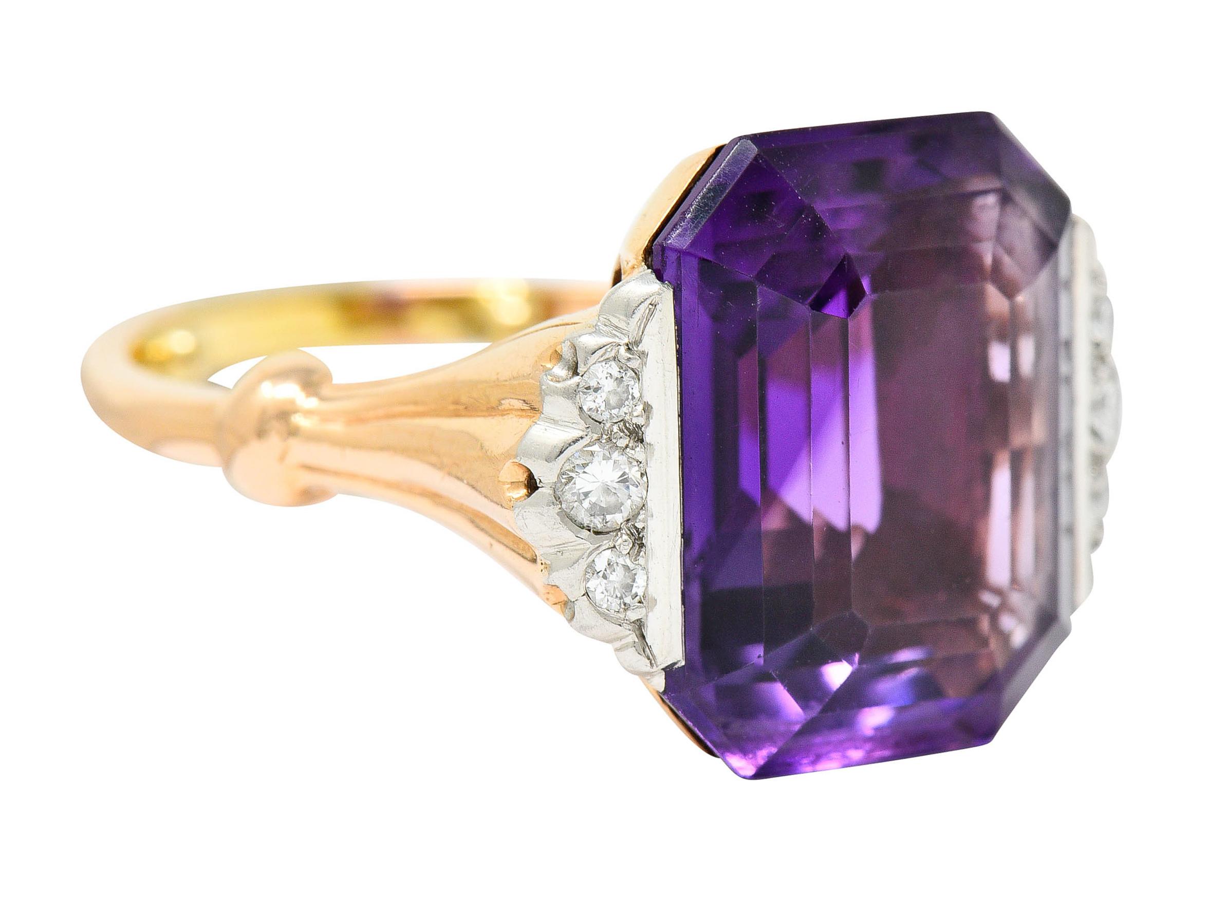 Centering an emerald cut amethyst measuring approximately 15.1 x 12.1 mm

Transparent with striking and uniform purple color

Flanked by scalloped platinum accented with round brilliant cut sapphires

Weighing in total approximately 0.18 carat - eye